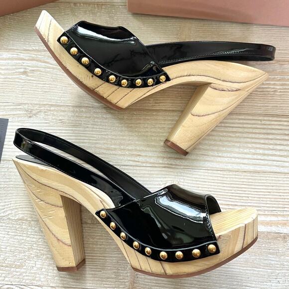 Miu‎ Miu Patent Leather Slingback Wood Platform Heel Sandals | Black 38 - Picture 2 of 13